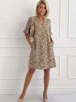 Earth-Tone Print V-neck Short Sleeve Mini Dress