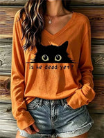 Women's Vintage Is He Dead Yet Black Cat Print V-neck Long Sleeve T-shirt