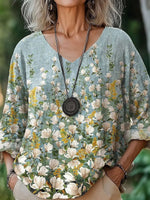 Distinctive V-Neck Floral Print 3/4 Sleeve Top