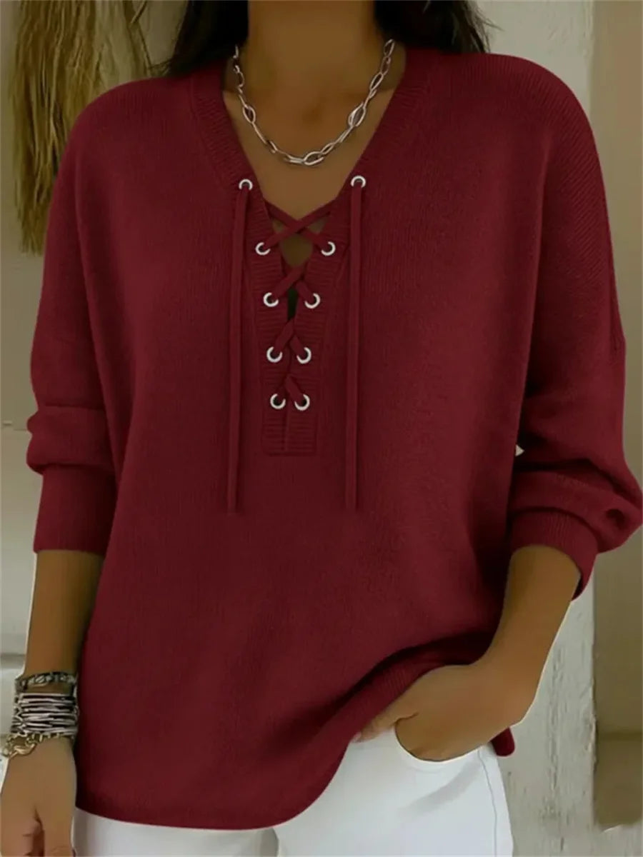 Casual V-neck Long Sleeve Tie-front Pullover Sweater