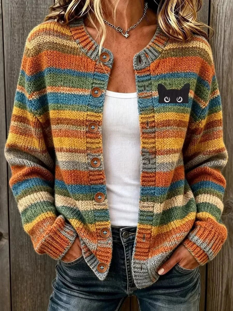 Women's Retro Black Cat Striped Print Crew Neck Long Sleeve Cardigan