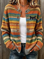 Women's Retro Black Cat Striped Print Crew Neck Long Sleeve Cardigan