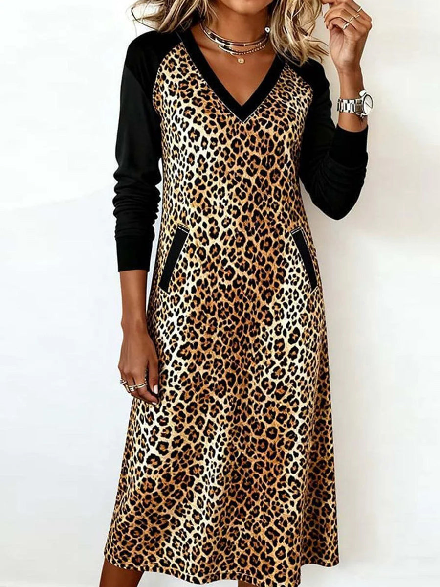 Brown Long Sleeve V-neck Leopard Midi Dress