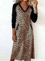 Brown Long Sleeve V-neck Leopard Midi Dress