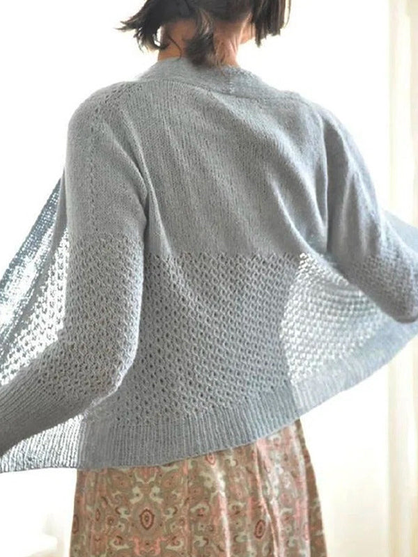 Gray Casual Tops Long Sleeve Solid Hollow Out Cardigan