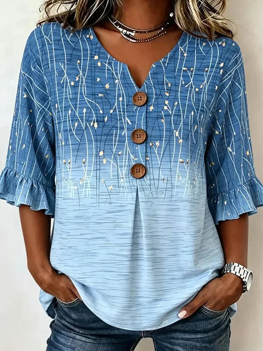 Blue Ombre Leaf Print Ruffle 3/4 Sleeve Blouse