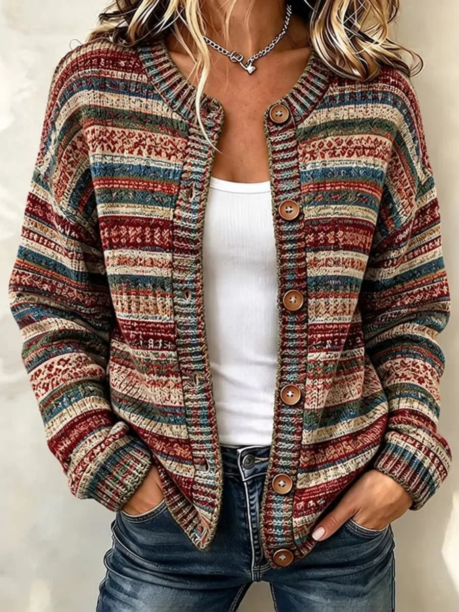 Women's Retro Gradient Stripes Art Print Knit Button Crew Neck Long Sleeve Cardigan