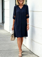 Navy Lace-Trim V-neck Button-Front Shirt Dress