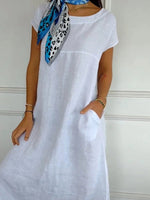 Solid Round Neck Short Sleeve Pocket Dress