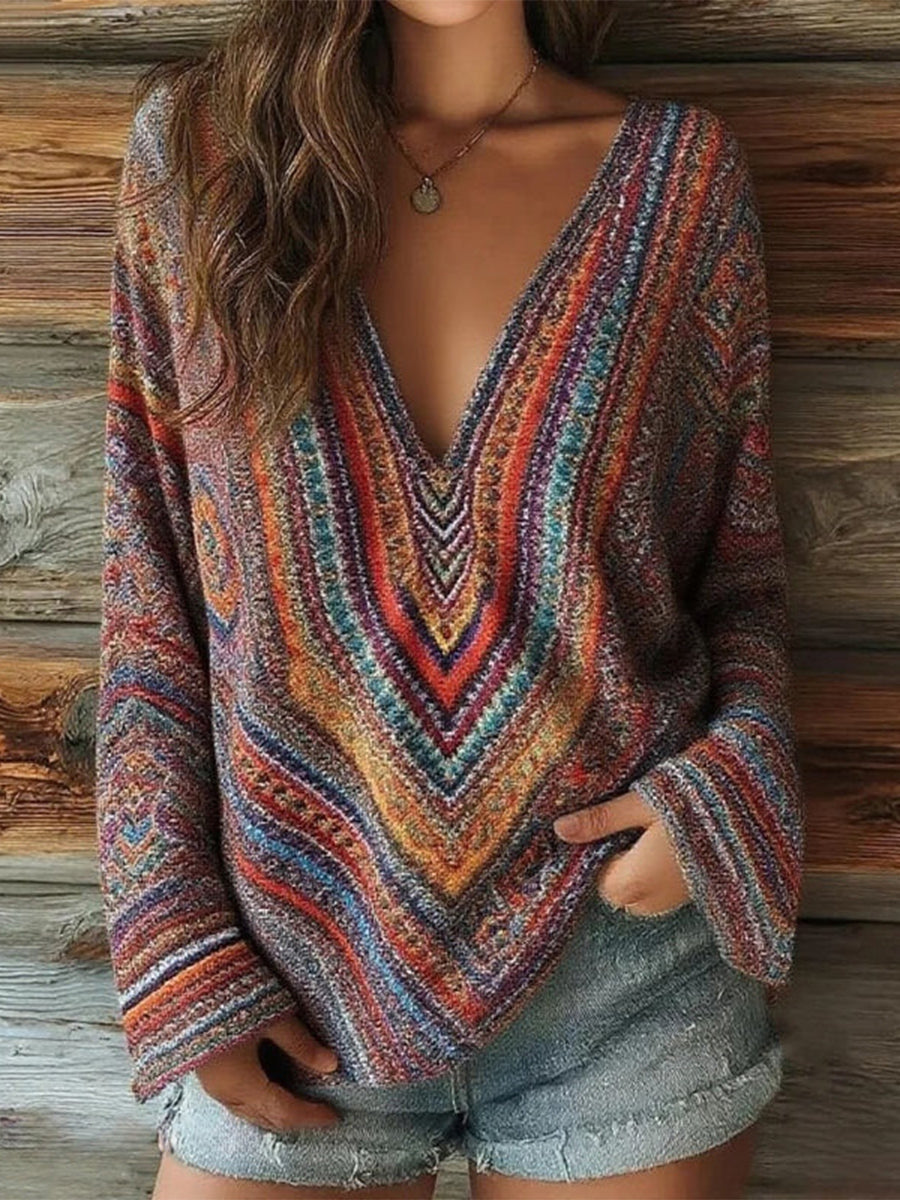 Vintage Colourful V-neck Long Sleeve Blouse