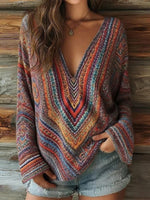 Vintage Colourful V-neck Long Sleeve Blouse