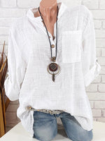 White Solid with Buttons Casual Stand Collar Blouse