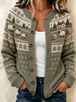 Women's Vintage Farm Animal Print Knit Crew Neck Long Sleeve Cardigan Sweater