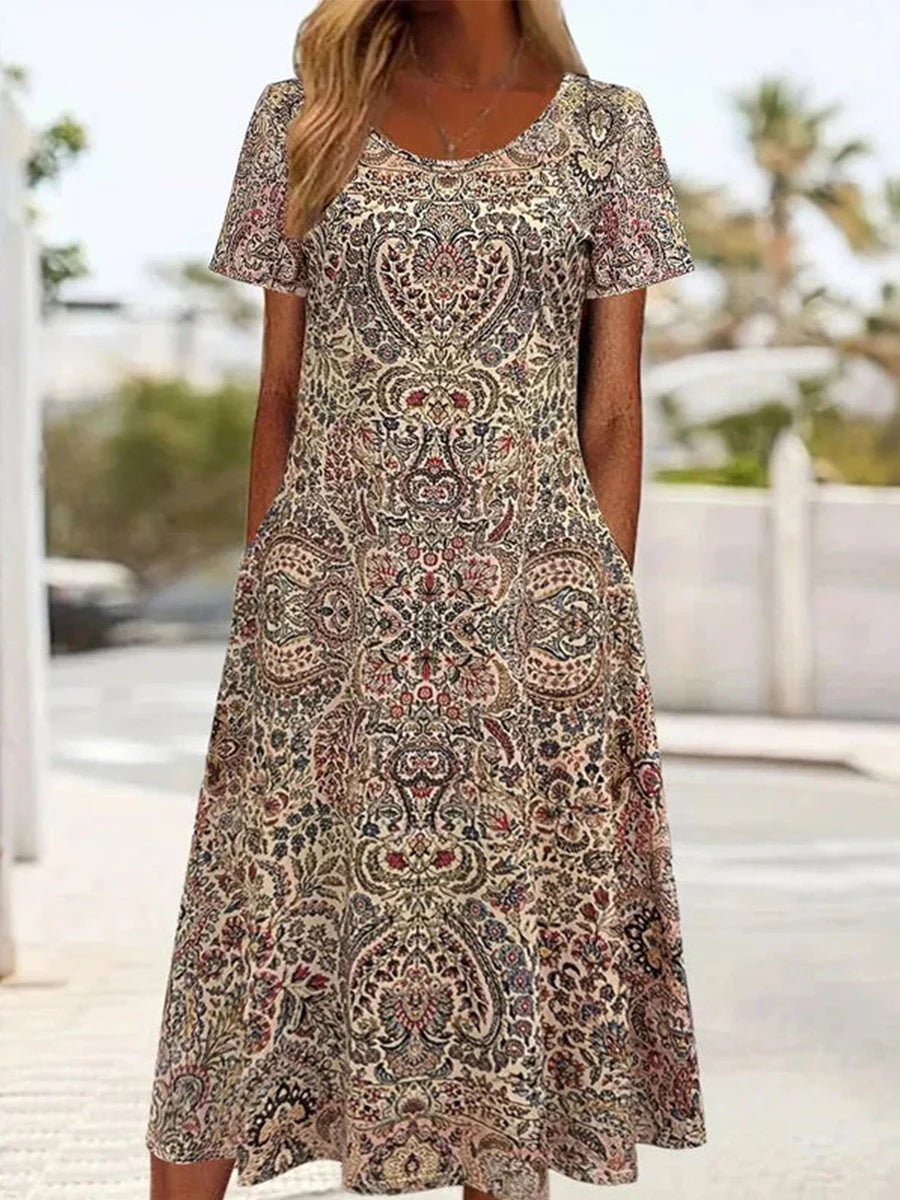 Vintage Ethnic Print Round Neck Short Sleeve Dress