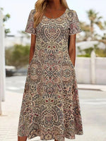 Vintage Ethnic Print Round Neck Short Sleeve Dress