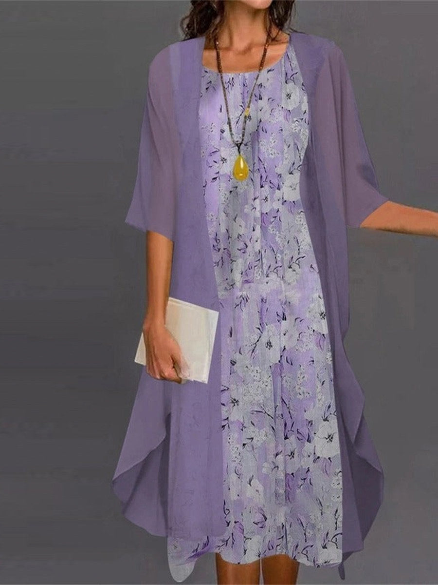 Casual Floral Crew Neck Print Half Sleeve Two Piece Dress