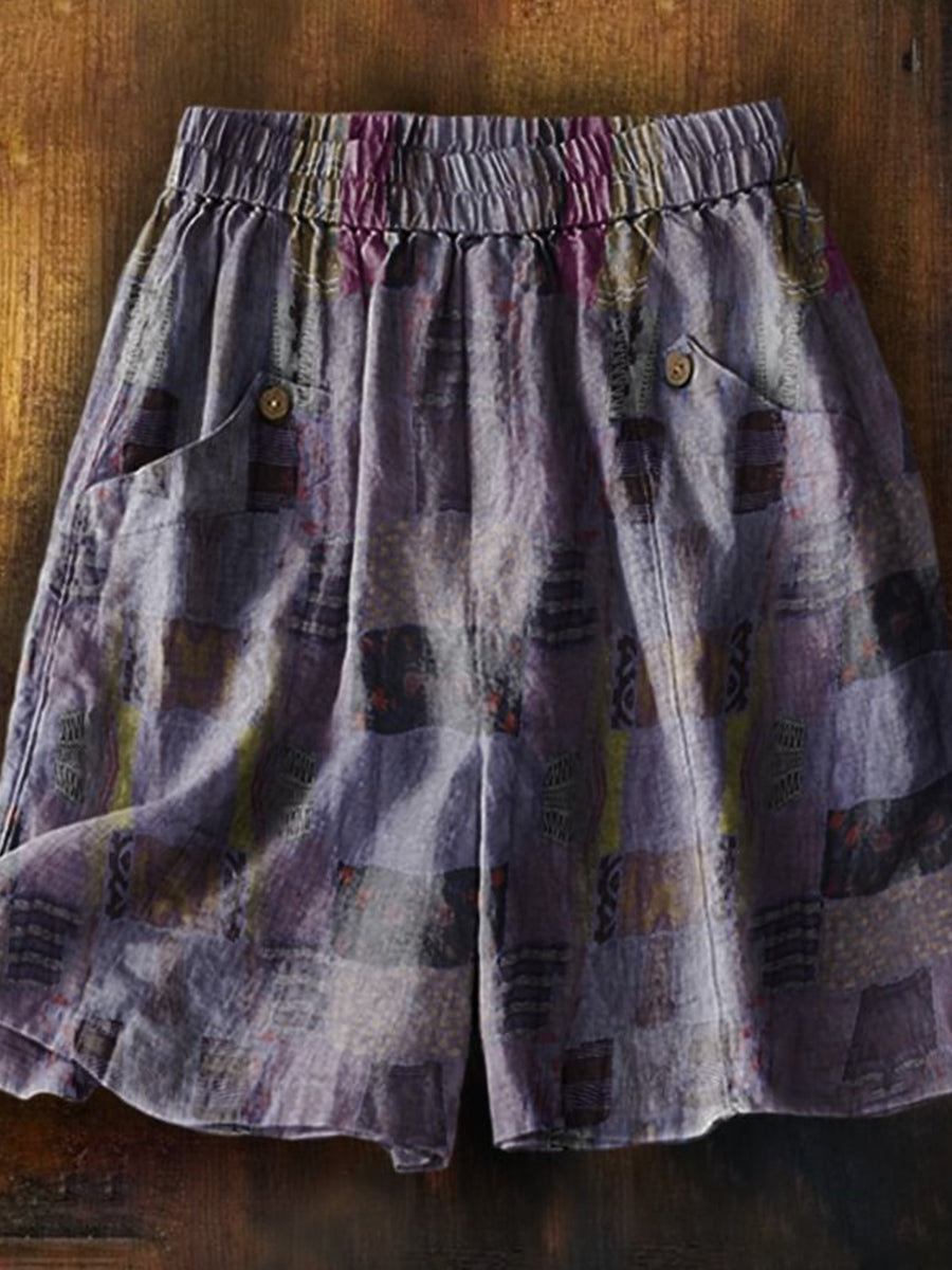 Women's Vintage Ethnic Patchwork Art Printed Casual Pocket Shorts