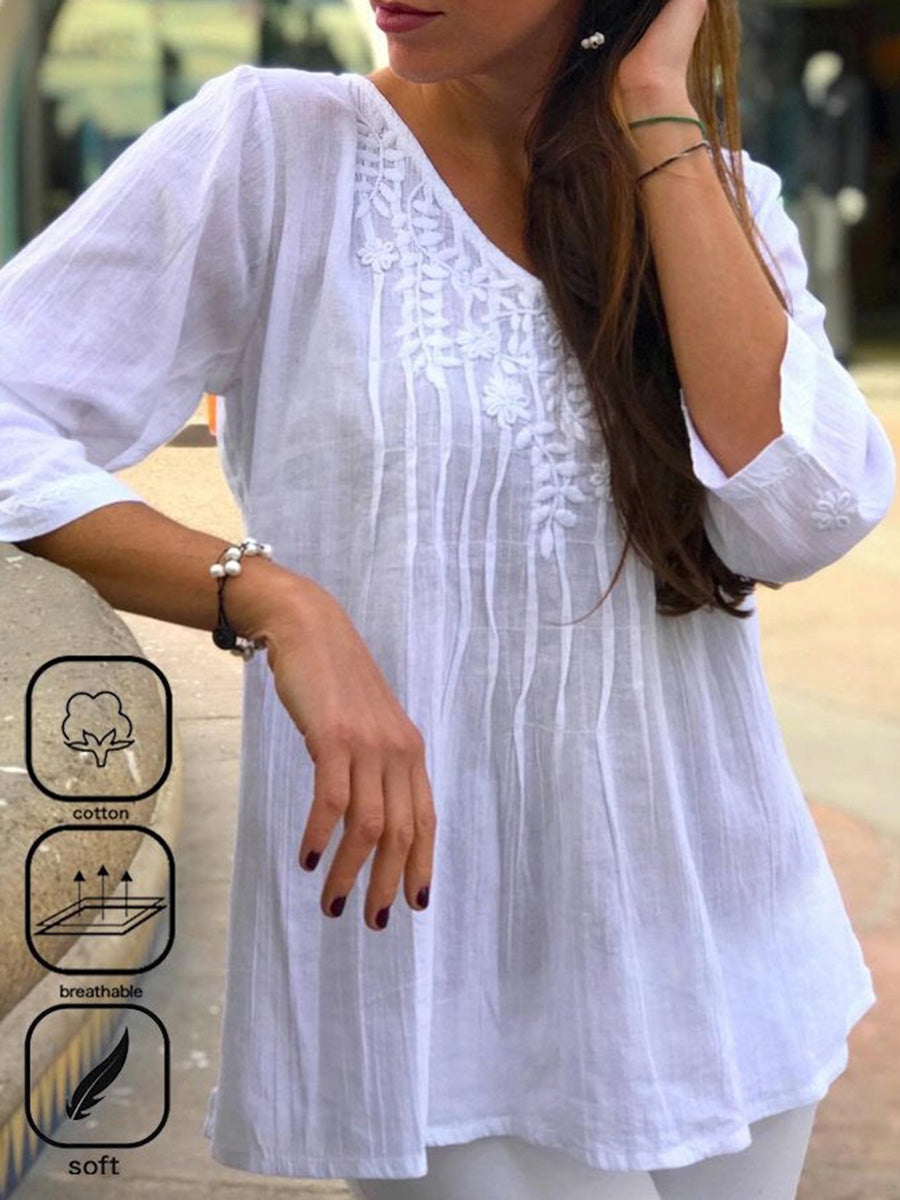 Chic Plain V Neck Lace 3/4 Sleeve Blouse