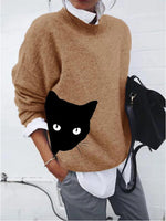 Khaki Casual Graphic Tops Long Sleeve Round Neck Cat Printed Sweater
