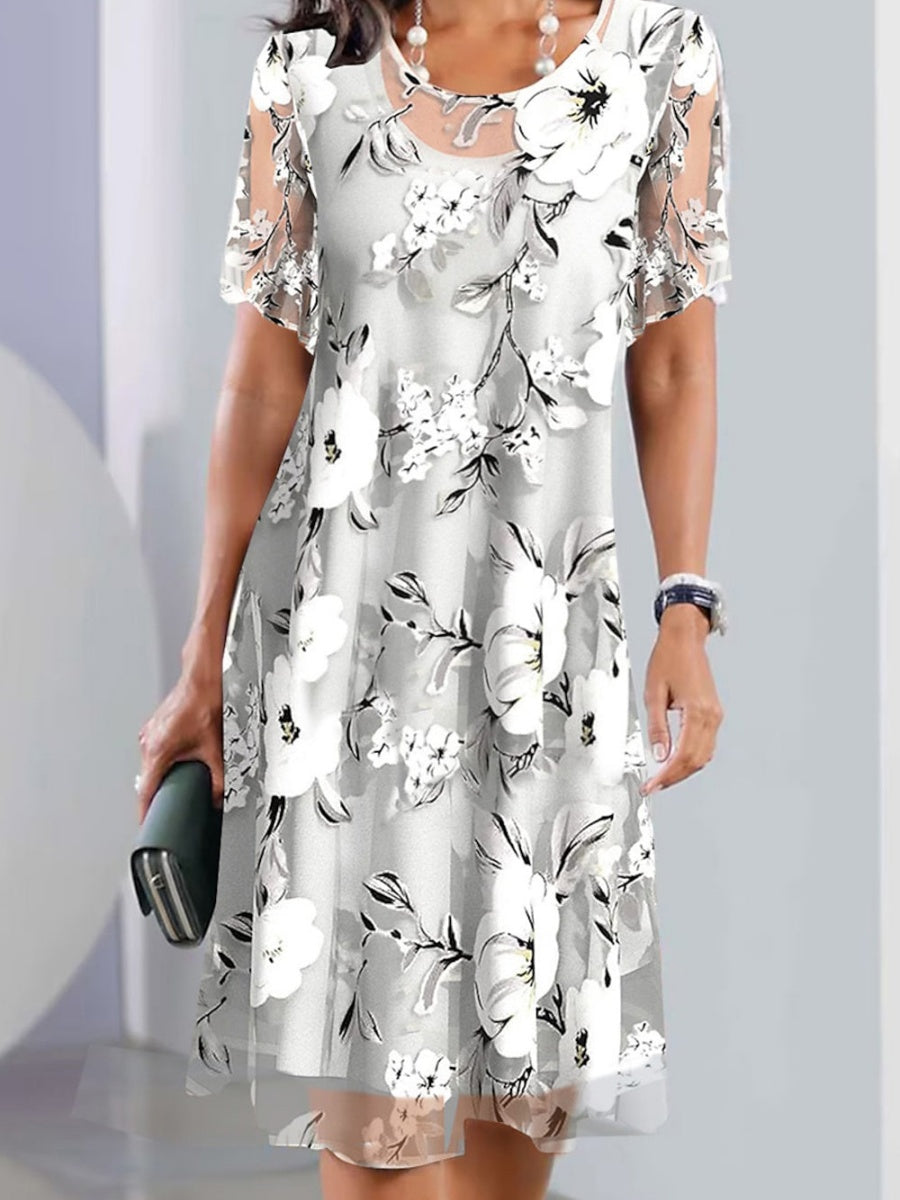 Women's Floral Print Mesh Sleeve A-Line Midi Dress