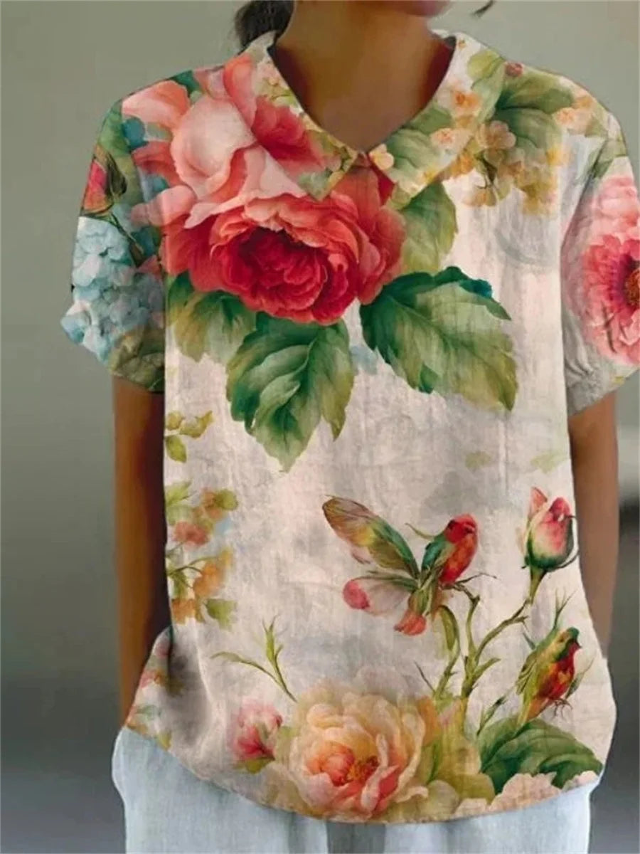 Vintage Floral Print Short Sleeve Blouse