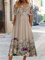 Women's Short Sleeve Square Collar Floral Printed Lace Stitching Midi Dress