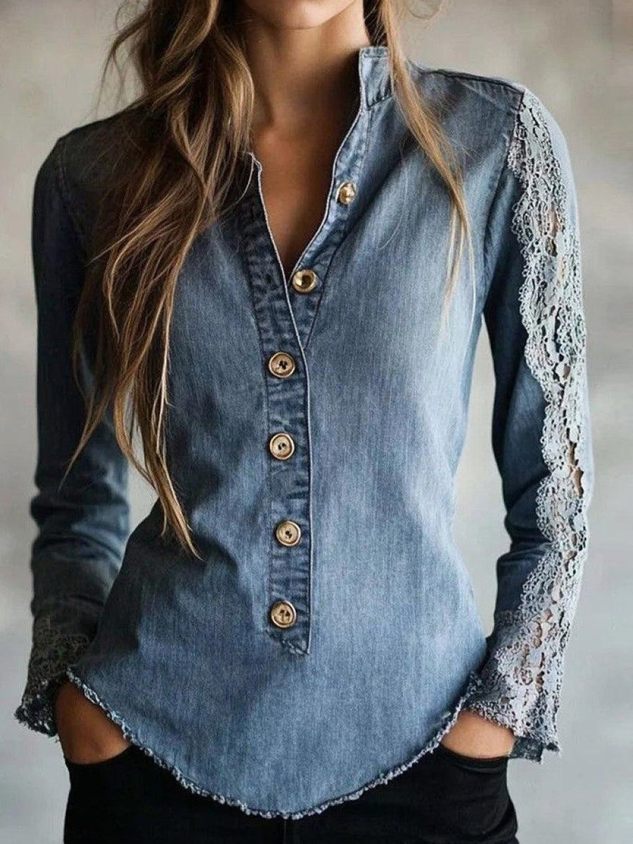 Breezy V-Neck Blue Long Sleeve Top