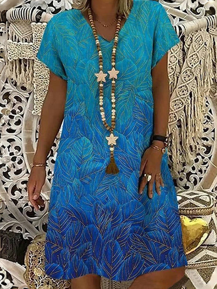 Vintage Leaf Print V-neck Short Sleeve Dress