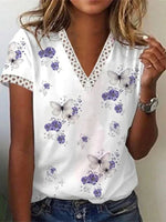 Women?ˉs V-Neck Butterfly & Floral Print Short Sleeve Blouse