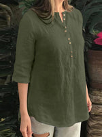 Cotton Solid Button Ruched High-Low Hem Casual Blouse