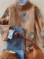 Chic Floral Print Round Neck Loose Long Sleeve Casual Sweater