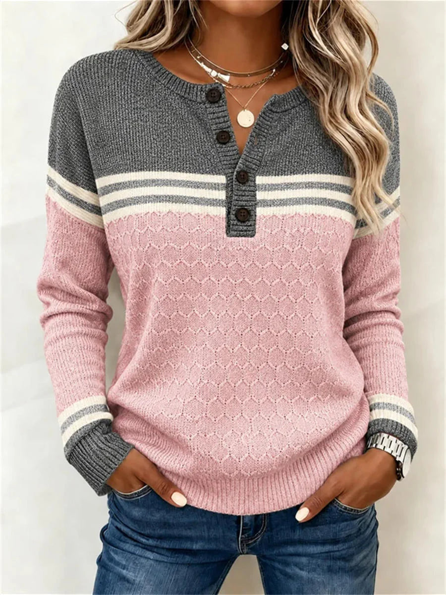 Casual Striped Henley Collar Long Sleeve Sweater