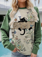 Green Casual Round Neck Cat Printed Long Sleeve Sweatshirts