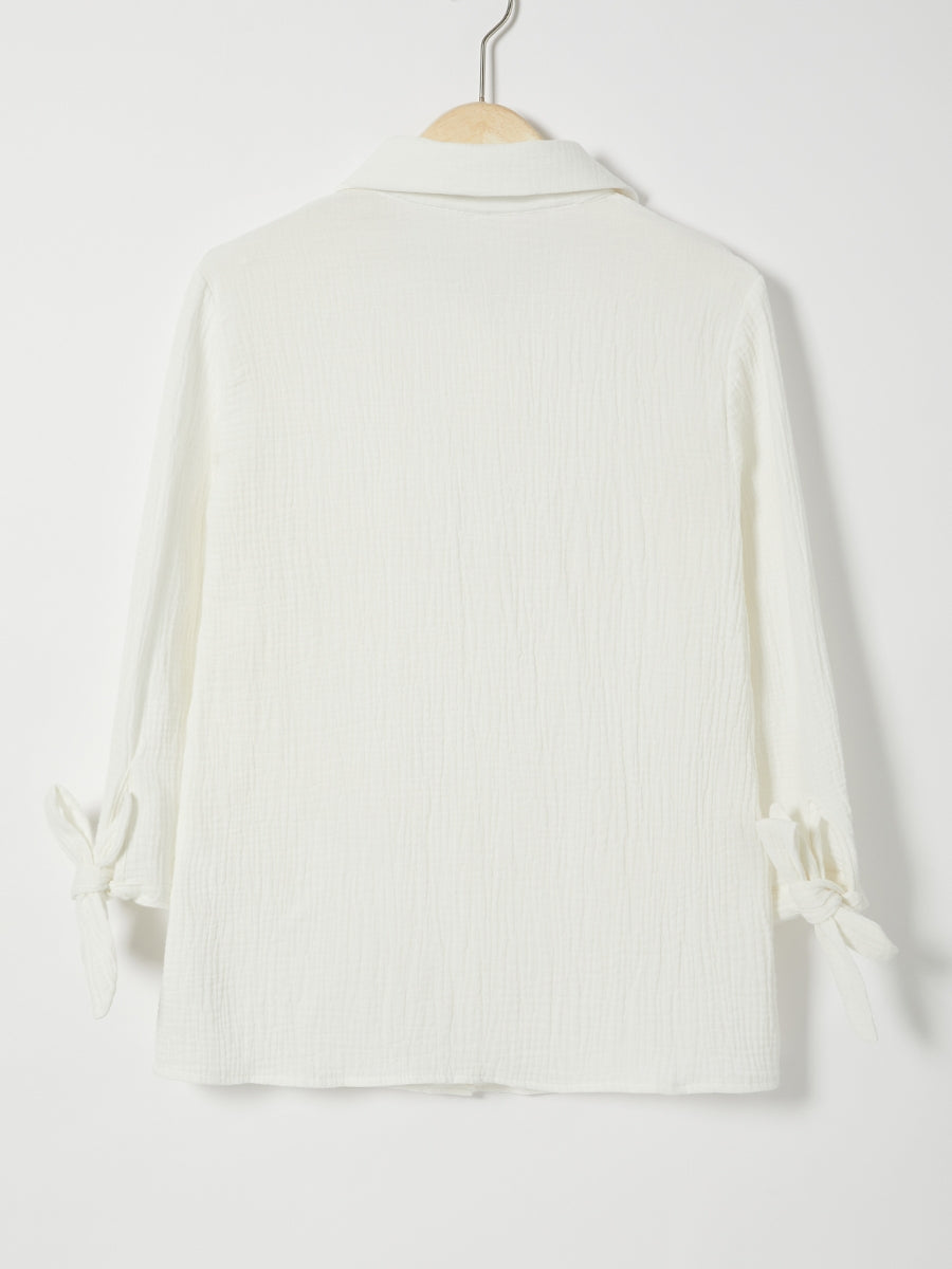 Solid Color Bowknot Lapel Long Sleeve Blouse with Buttons