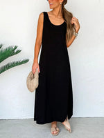 Solid Black Scoop Neck Sleeveless Long Tank Midi Dress