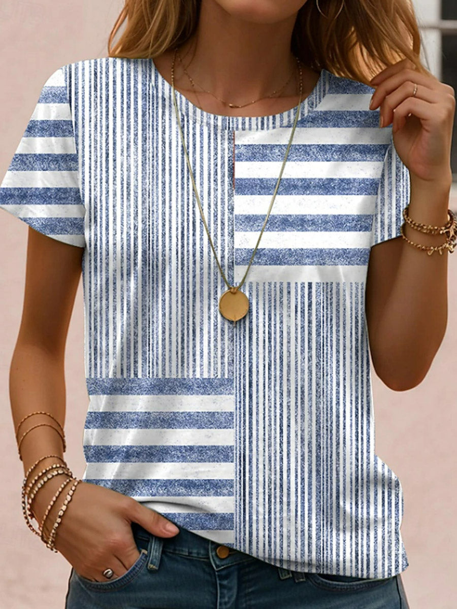 Casual Striped Round Neck Short Sleeve T-shirt