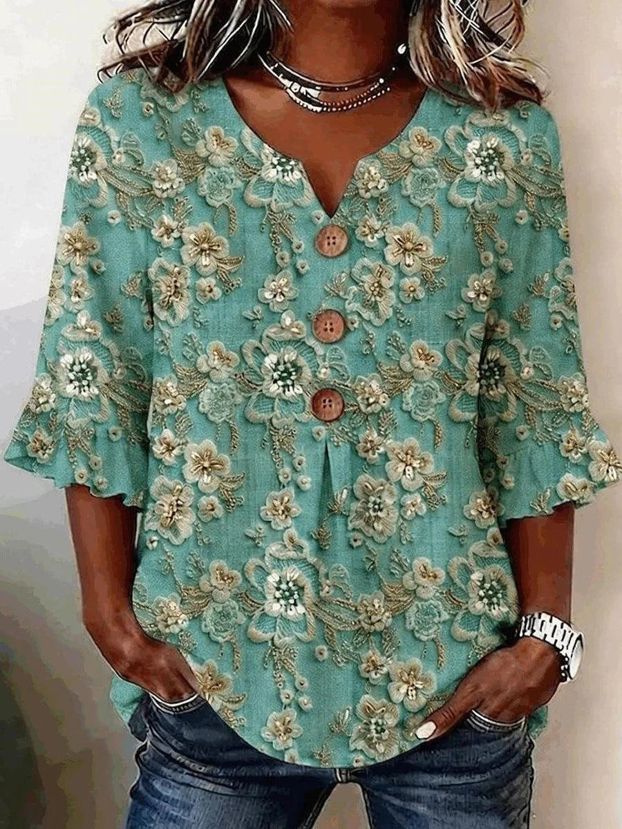 Green Floral Embroidery V-neck 3/4 Sleeve Top