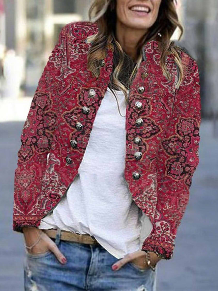 Red Long Sleeve Print Outerwear