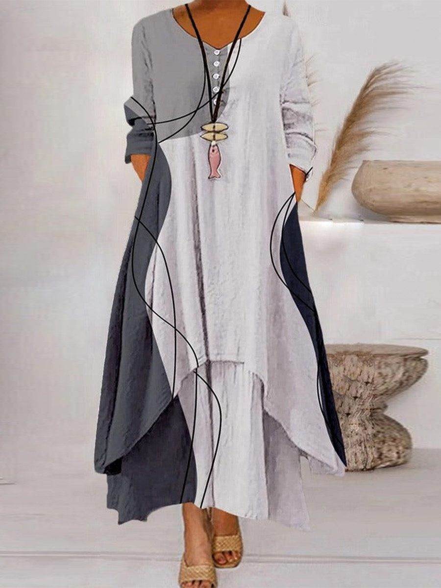 Casual Color Block Crew Neck 3/4 Sleeve Maxi Dress