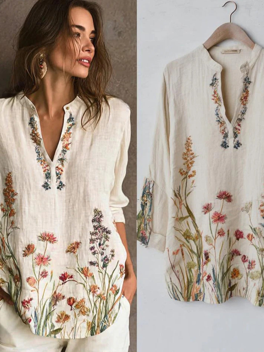 Ivory Floral Print Long Sleeve Top