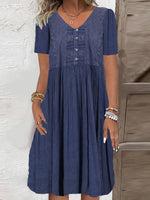 Blue Plain V-Neck Short Sleeve Midi Dress