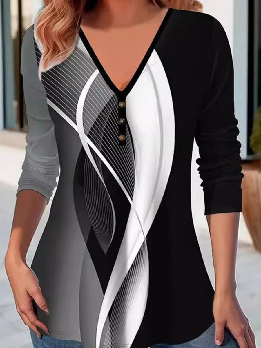 Fashion Casual Geometric Pattern V Neck Long Sleeve T-Shirt
