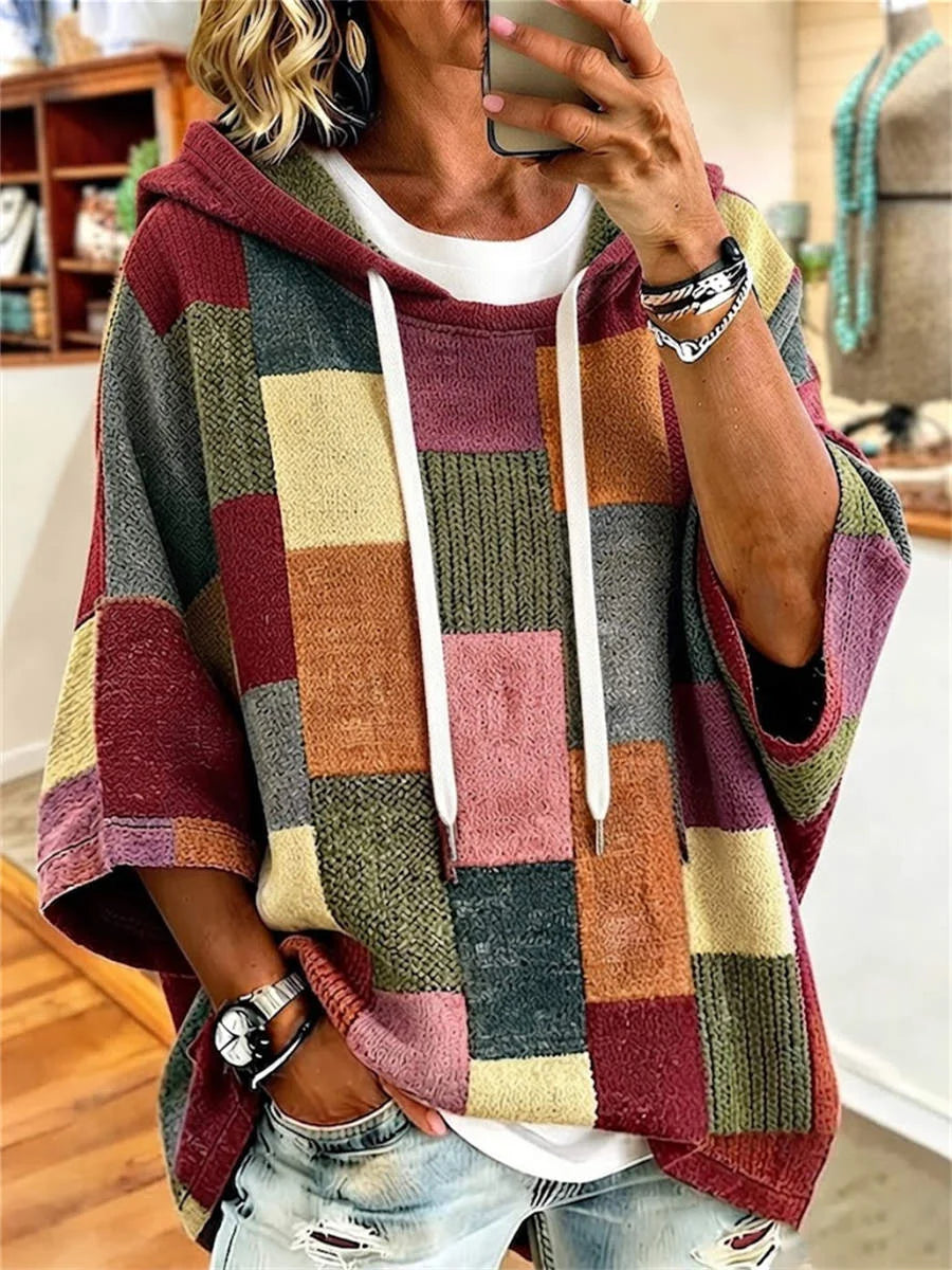Casual 3/4 Sleeve Plaid Hoodie