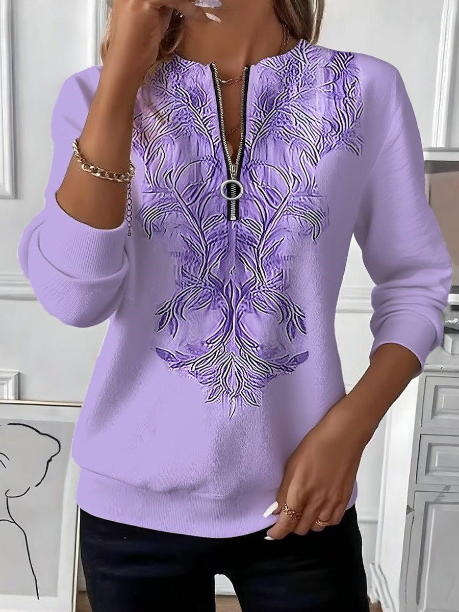Unique Purple Zip V-Neck Long Sleeve Top