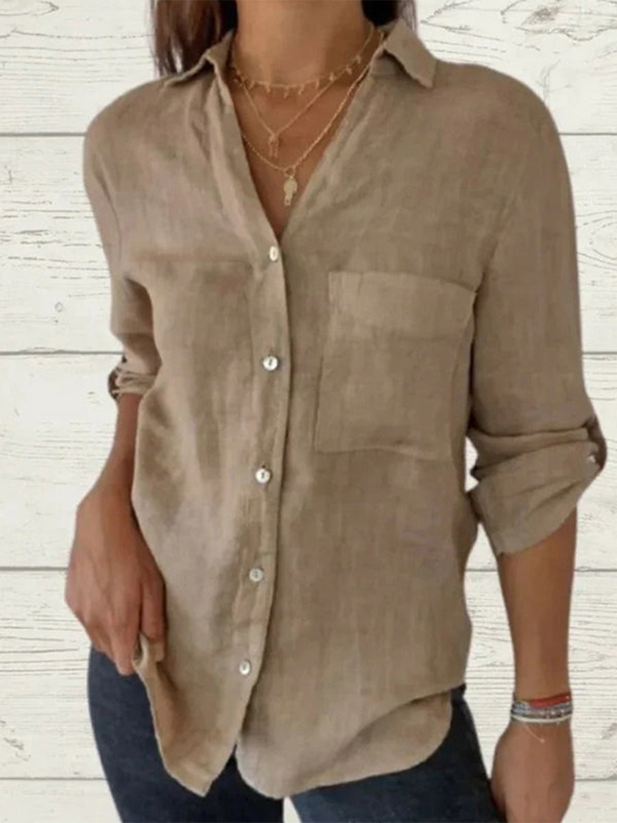 Plain Shawl Collar 3/4 Sleeve Cotton Loose Shirt