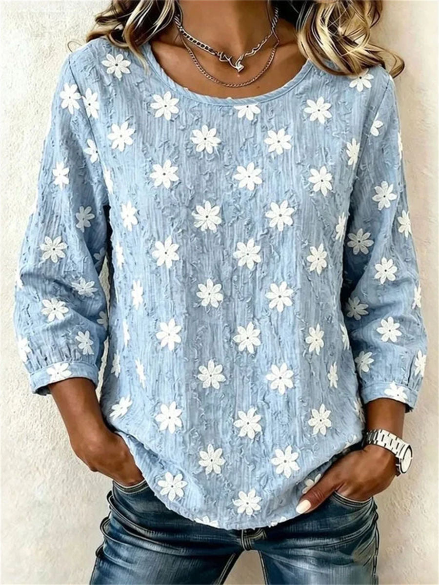 Vintage Floral Print Round Neck 3/4 Sleeve Blouse