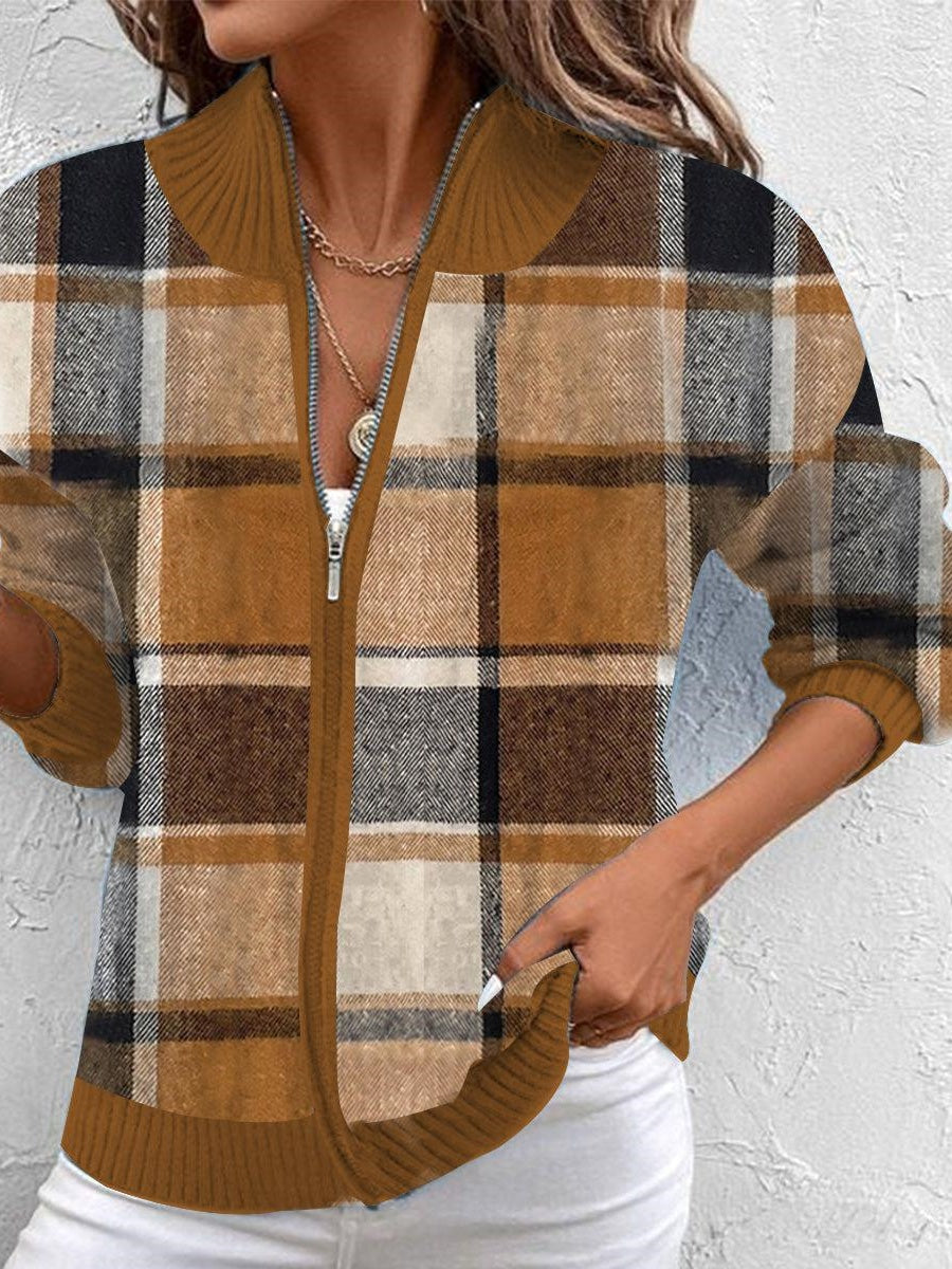 Brown V-Neck Long Sleeve Plaid Print Cardigan