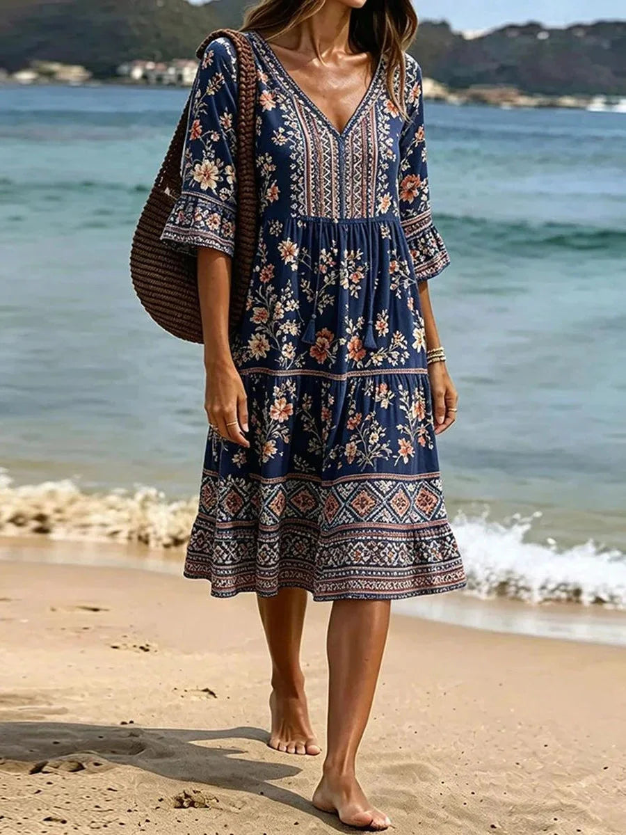 Navy Boho Floral Tassel V Neck Ruffle Cuff Midi Dress