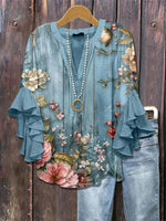 Vintage Floral Print V-neck Half Sleeve Blouse