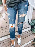 Women's Snowman Face Print Christmas Jeans